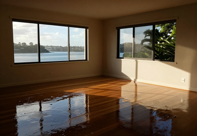 Flood-damaged living room in Lane Cove before restoration